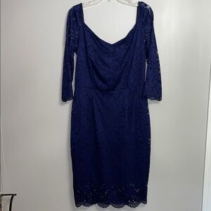 Navy Blue Lace Sheath Dress with 3/4 Sleeves